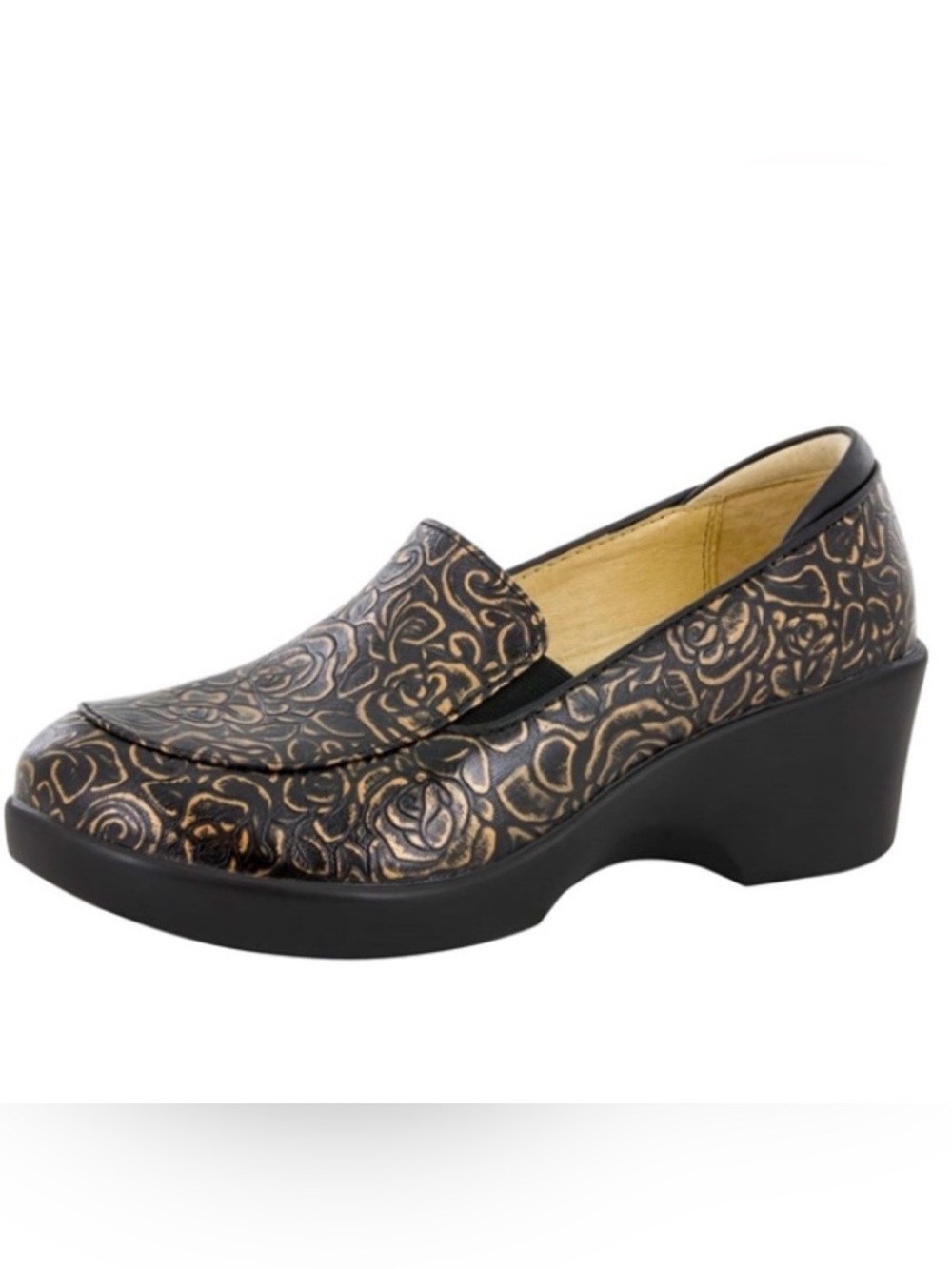 ALEGRIA | Women Emma Bronze Bouquet Floral Embossed Nubuck Leather Clogs size 38
